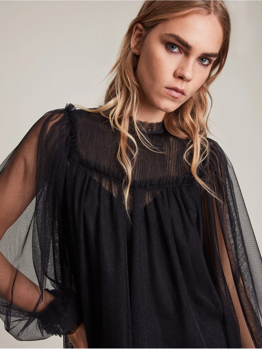 AllSaints Black Sheer Metallic Mesh Blouse | US 12 | Romantic Gothic